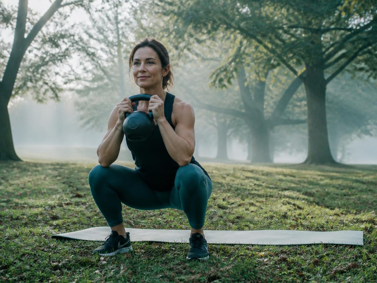 Woman in her forties training with a kettlebell in a leafy local park